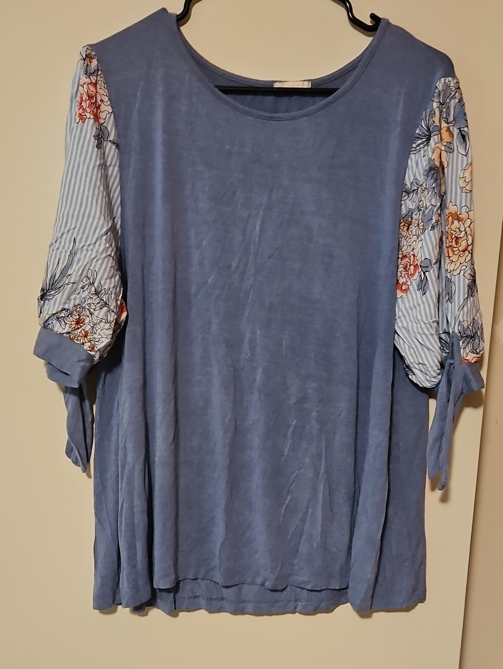 ODDY Dusty Blue Tunic with Floral Puff Sleeves
